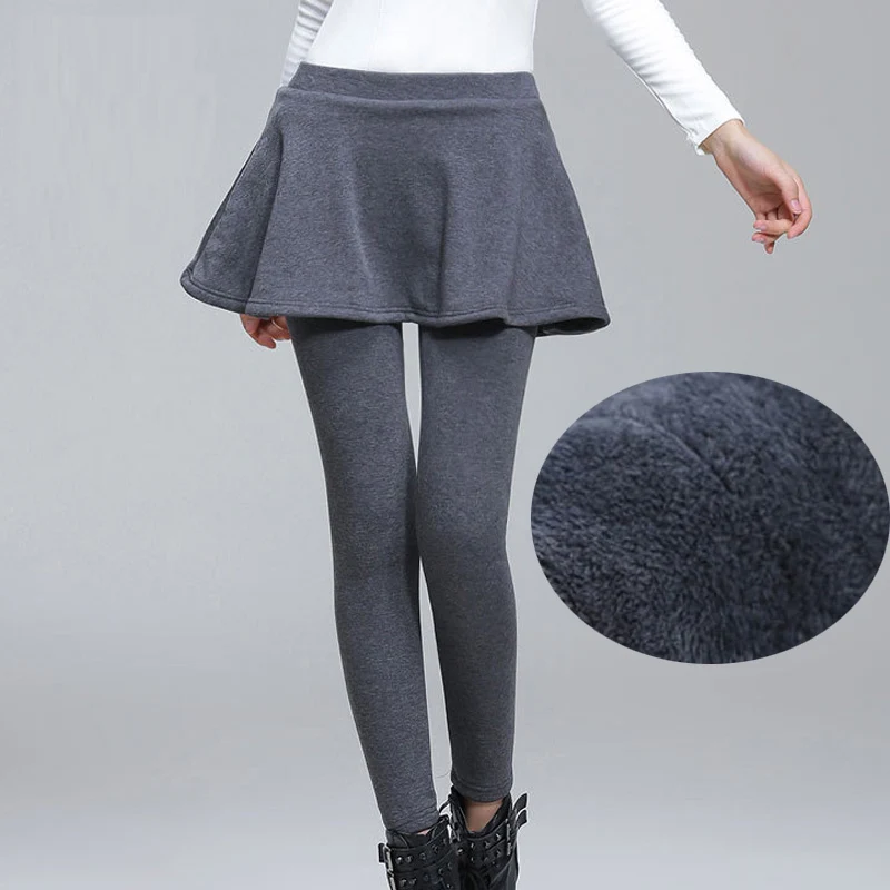 Юбка А-силуэта+ длинные брюки женские черные зимние леггинсы размера плюс S-4XL с добавлением флиса женские теплые обтягивающие брюки - Цвет: dark grey