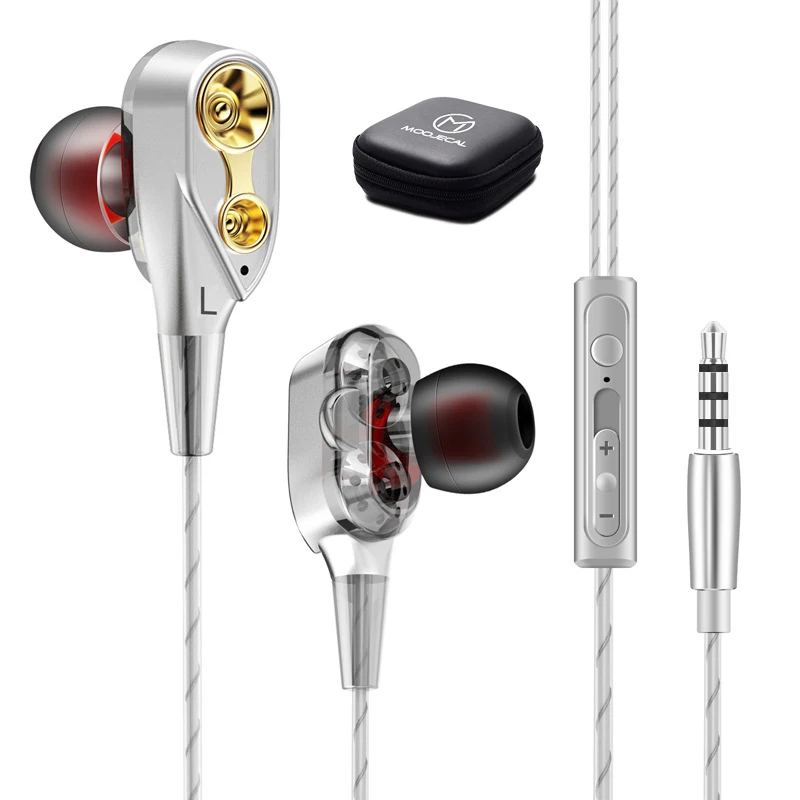 MOOJECAL спортивные наушники с двойным приводом в ухо с микрофоном, проводная гарнитура для xiaomi iPhone 6, fone de ouvido, для мобильного телефона - Цвет: Silver
