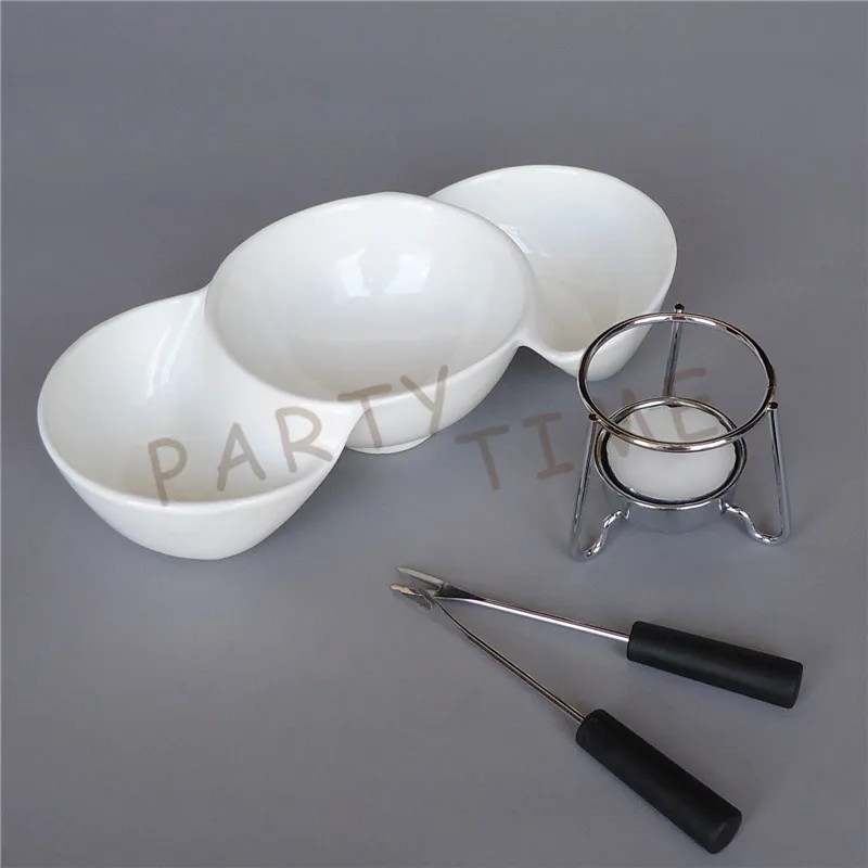 Ceramic divided fondue bowl for chocolate, bowl for chocolate melting and fruits, bread