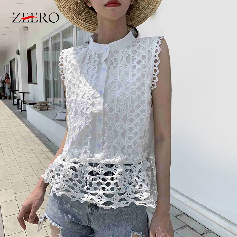 

Womens White Sleeveless Hollow Out Lace Top Female Slim Botton Elegant Summer Blouse Shirts Tank Girl Sweet Casual Loose Tops