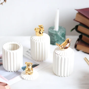 

MRZOOT Golden Ceramic Plated Animal Jewelry Box Tray Ring Storage Jar Bear Bird Squirrel Home Decoration Statue