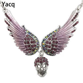 

YACQ Angel Wings Skull Choker Necklace Guardian Biker Crystal Goth Jewelry Gift for Women Silver Color NC07 Dropshipping (18+2)"