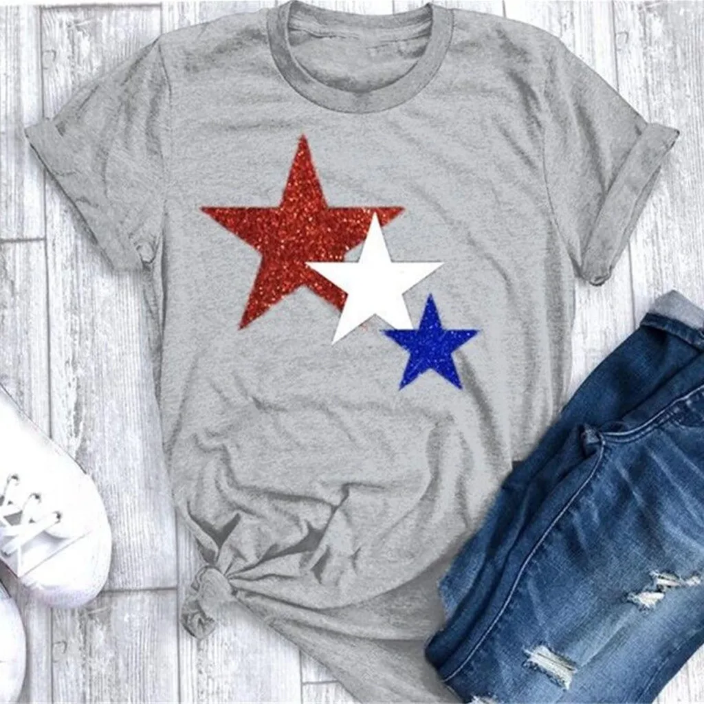 

Women T Shirt Summer Five Pointed Star Printing Shirt Short Sleeve Casual Tops Camisetas Verano Mujer Loose Tee Shirt Femme