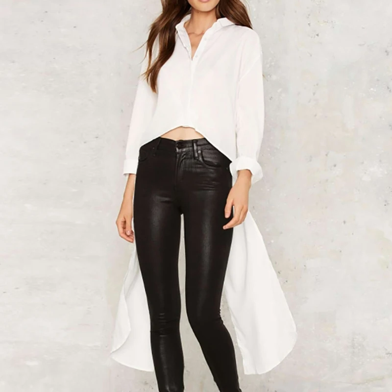 White Plus Size Boyfriend Long Sleeve Blouse High Low Long Shirt Casual Streetwear 2018 Autumn