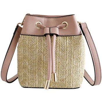 

Woven Straw Bag Rattan Bag For Women Small Bucket Bag Crossbody Shoulder Bags Pu Drawstring Messenger