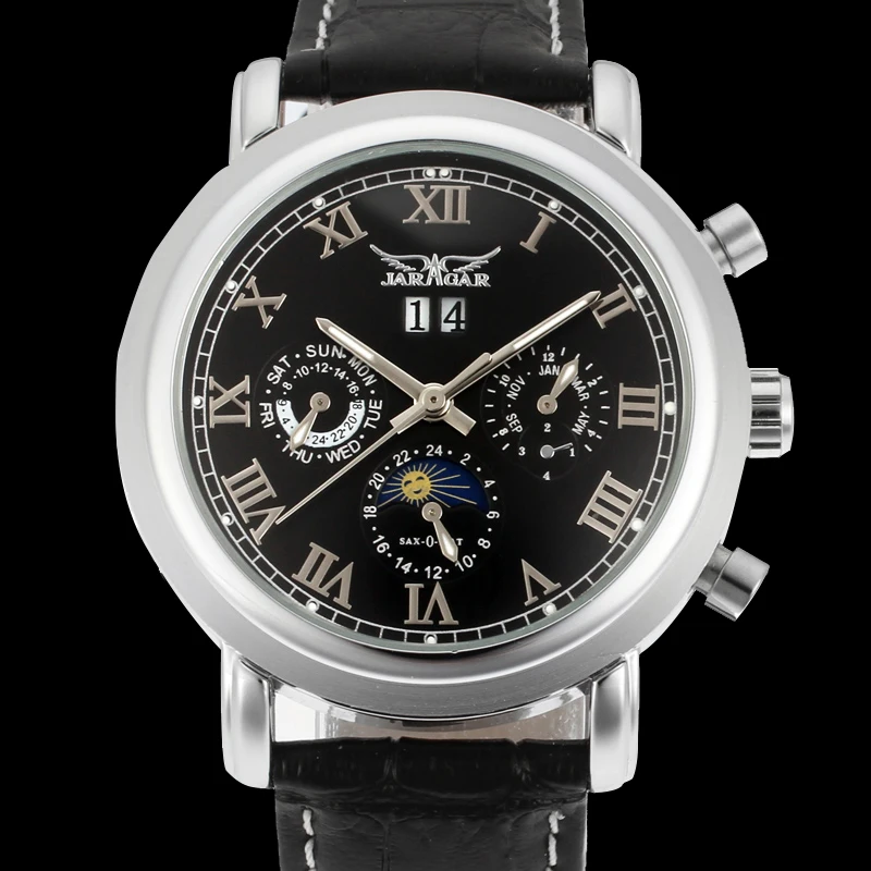 

Genuine Leather Strap Men's Automatic Moon Phase Wrist Watch Black Color