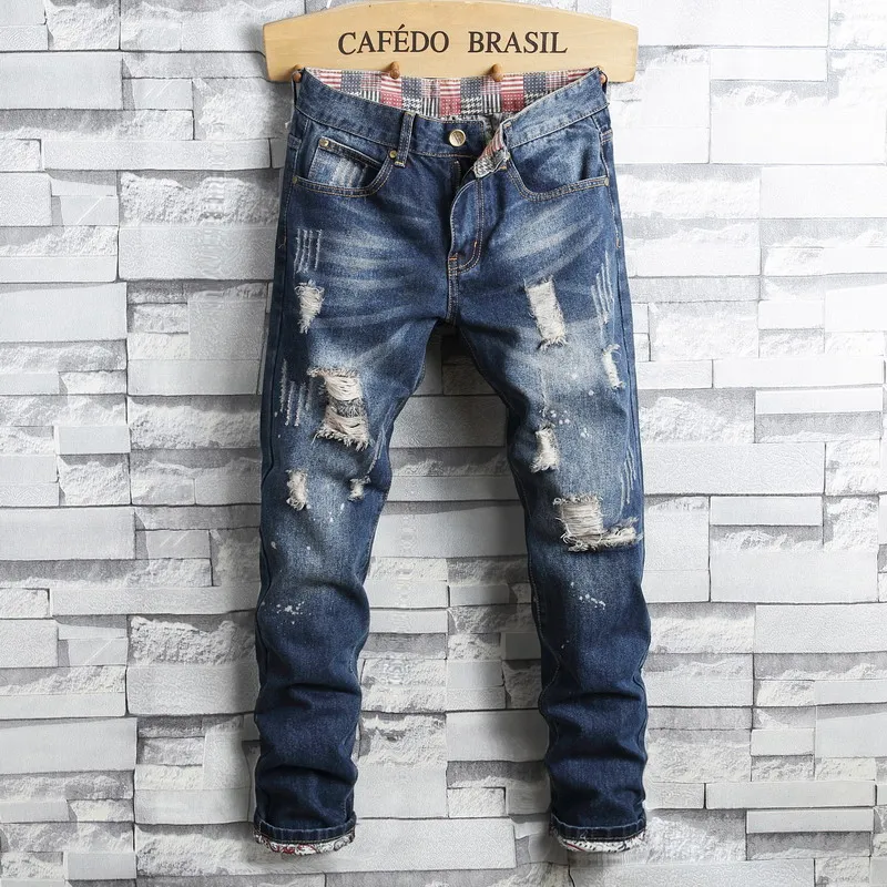 New Fashion Designer Jeans Men Retro Brand Ripped Jeans Straight Slim