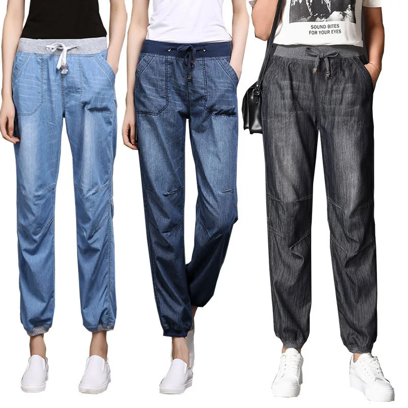Большие размеры S-4XL с эластичной талией до щиколотки джинсы для женщин шаровары на шнуровке шнурок джинсовые брюки ковбоя Mujer