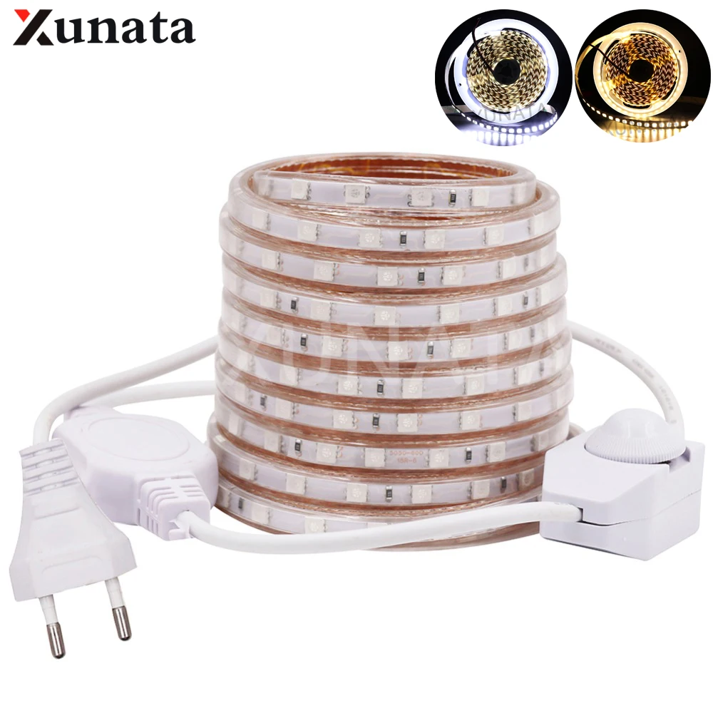 

AC 110V 220V Dimmable LED Strip SMD 5050 Waterproof Ribbon Tape 60Leds/m Flexible LED Light Strip Home Decor With US/EU Plug