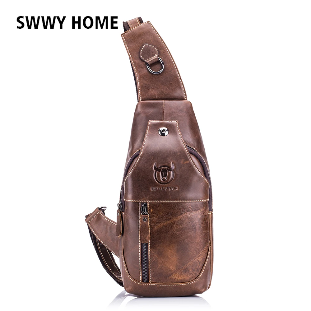 

Men Crossbody Bags Cowhide Genuine Leather Messenger Chest Bag Pack Vintage Bag Male Music Headphone Plug Shoulder Strap Pack