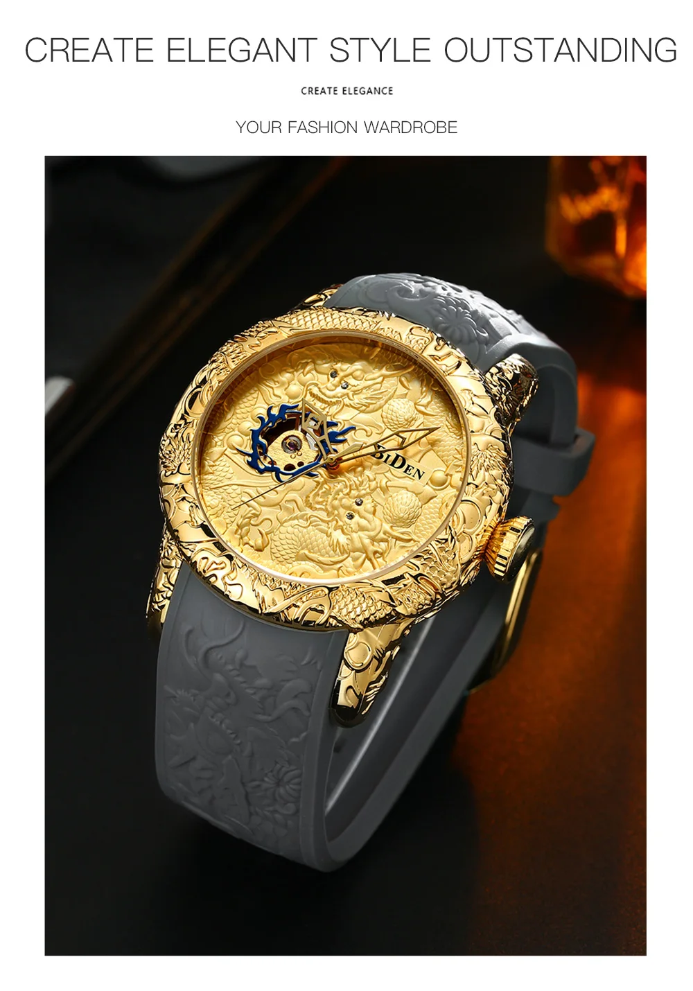 Топ Бренд роскошные механические часы мужские золотые полностью черные часы Креативные 3D Скульптура Дракон крутой мужской ручной Ветер наручные часы reloj
