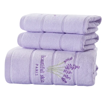 

SunnyRain 3-Piece Embroidery Lavender Cotton Towel Set Face Towels Bath For Adults Washcloths High Absorbent Antibacterial 9