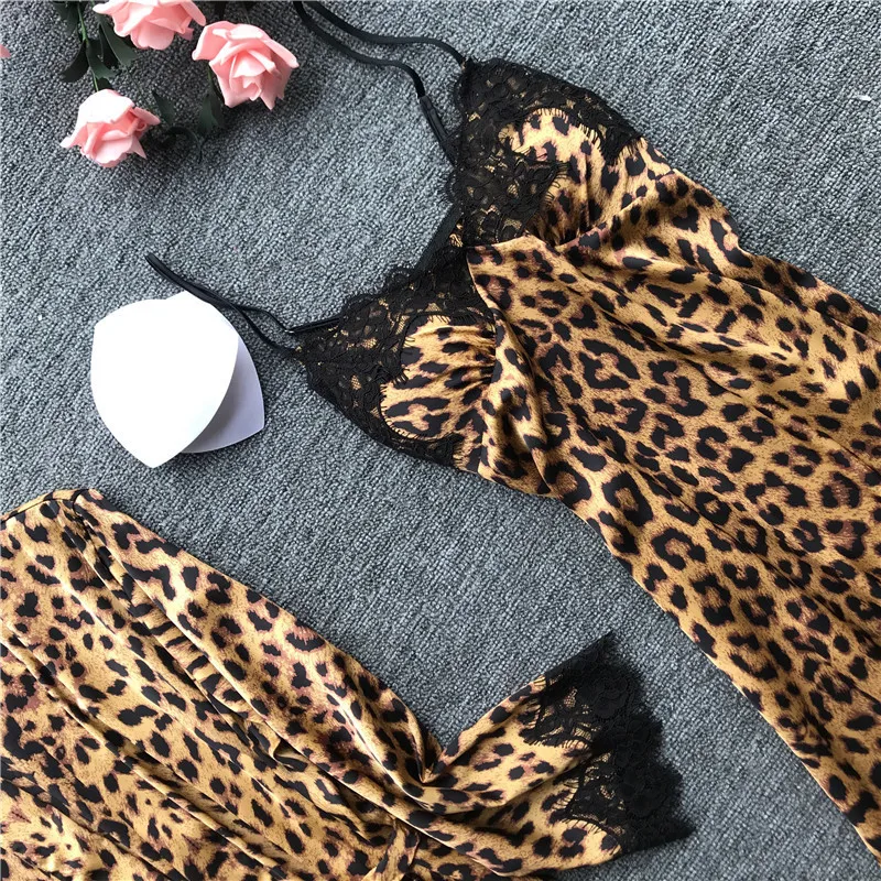 Daeyard женский халат набор Шелковый Леопардовый халат и ночная рубашка 2 штуки домашний костюм Летняя Сексуальная кружевная пижама ночная рубашка