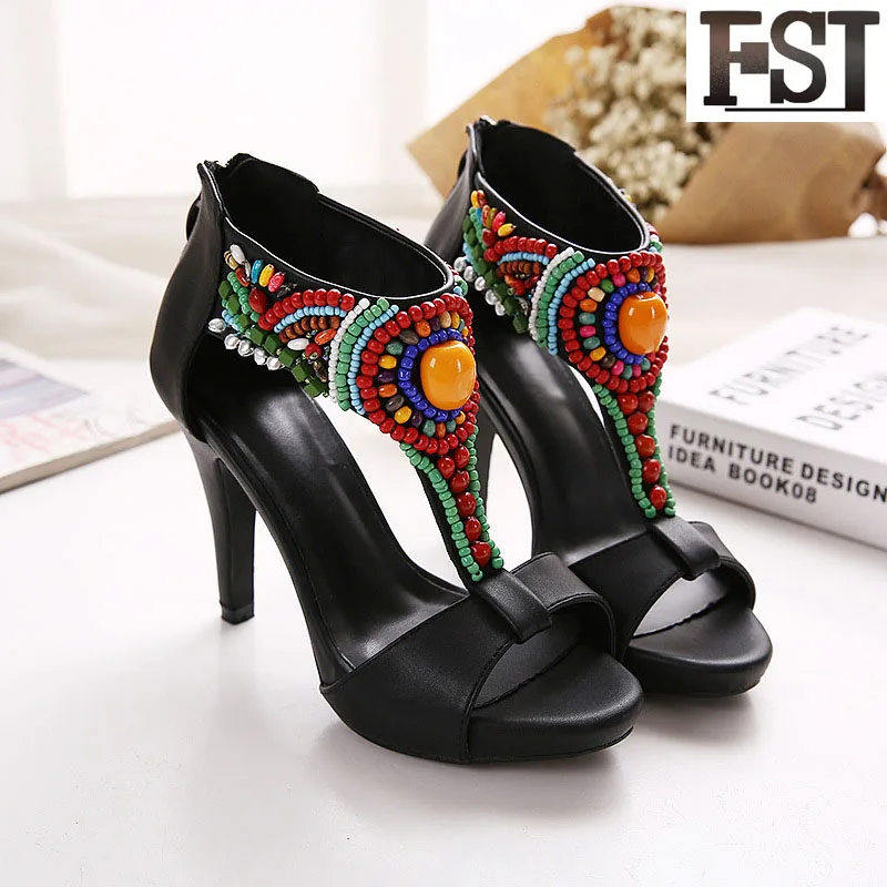 

FSJ Elegant 2019 Black Bead Genuine Leather Cow Leather Cover Thin High Heel Sandals Open Toe T-Strap Evening Party Shoes Woman