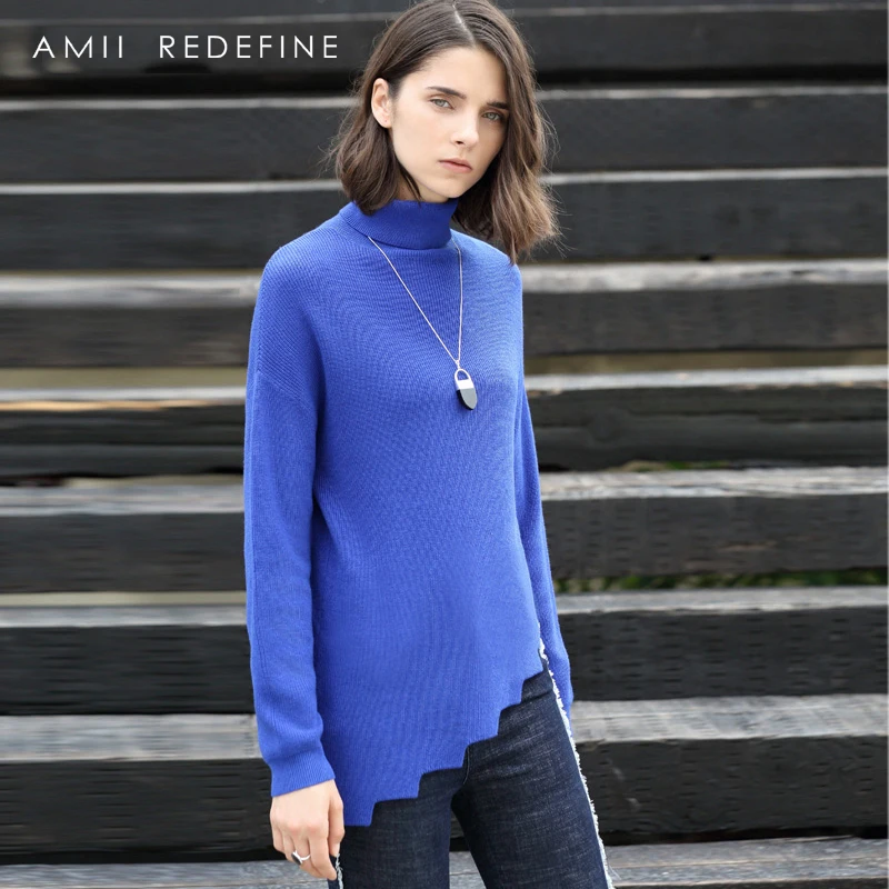 Amii Redefine Knitted Turtleneck Sweaters Women Autumn Geometric Cutting Asymmetrical Casual O-neck Pullovers | Женская одежда