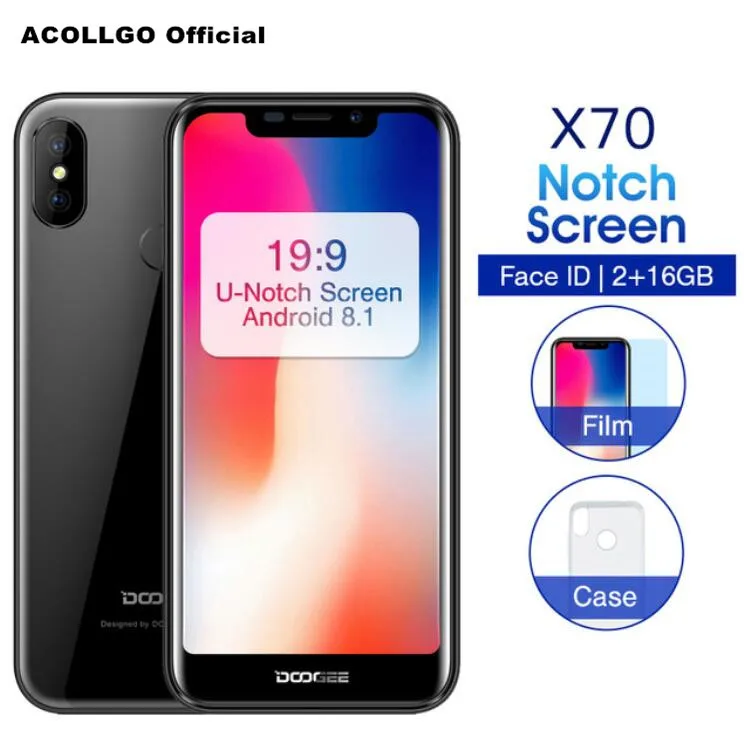 DOOGEE X70 Face ID смартфон mtk6580a четыре ядра 5,5 "u-вырезка 19:9 Android 8,1 8MP двойной камеры заднего вида 2 ГБ Оперативная память 16 ГБ Встроенная память ОТА