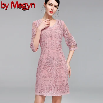 

by Megyn 2019 Vintage Women Fashion Blue Lace Runway Party Dresses Half Sleeve embroidery A-Line Knee-length Dress plus size 4XL