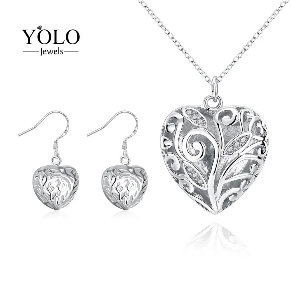 

Plant Pattern Heart Shape Jewelry Set for Women Silver Color Hollow Style Necklace Stud Earrings with Leaves Statement Love Gift