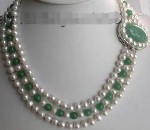 

Hot sale Free Shipping>>>>> 3rows Natural White Pearl Green stone Necklace
