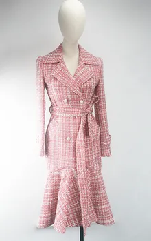 

Chic women's elegant tweed coat 2019 Autumn slim fit blet Trench coat A586