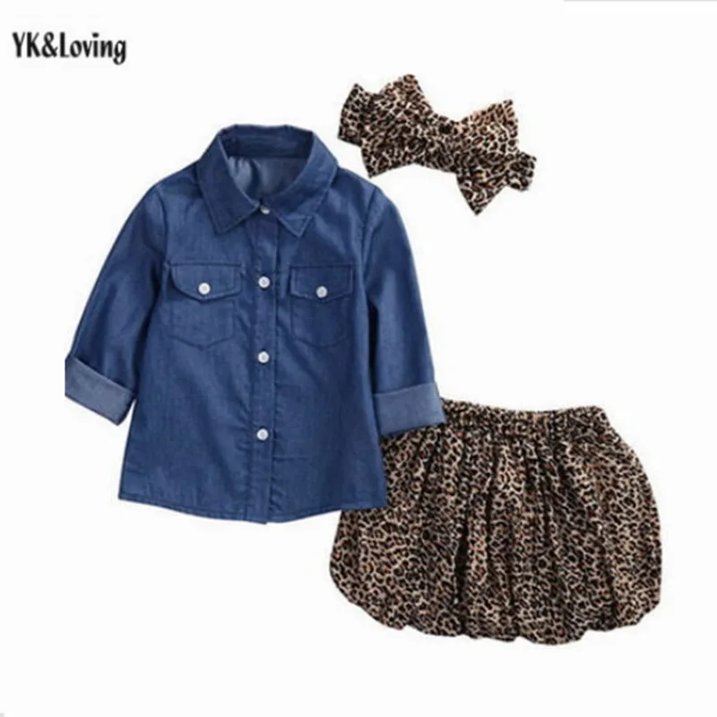 

Leopard Kids Set Autumn 1pc Jeans +1 pc Shorts +1pc Headband Photography Props Children Autumn Clothes Long Sleeve 0-4T Costumes
