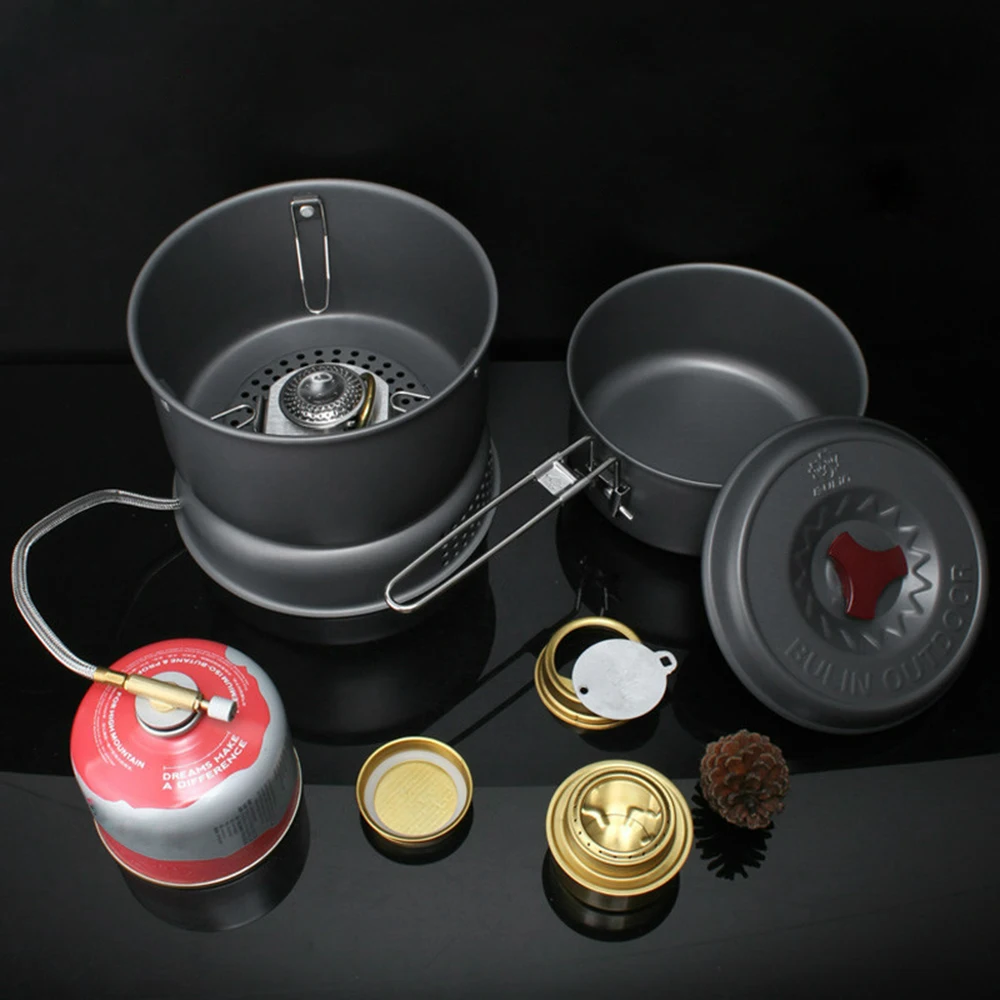 

5 PCS Outdoor Camping Cooking Set Portable Cookware Cookout Utensil Gas Alcohol Stove Set Windproof Boiler Cradle Pots