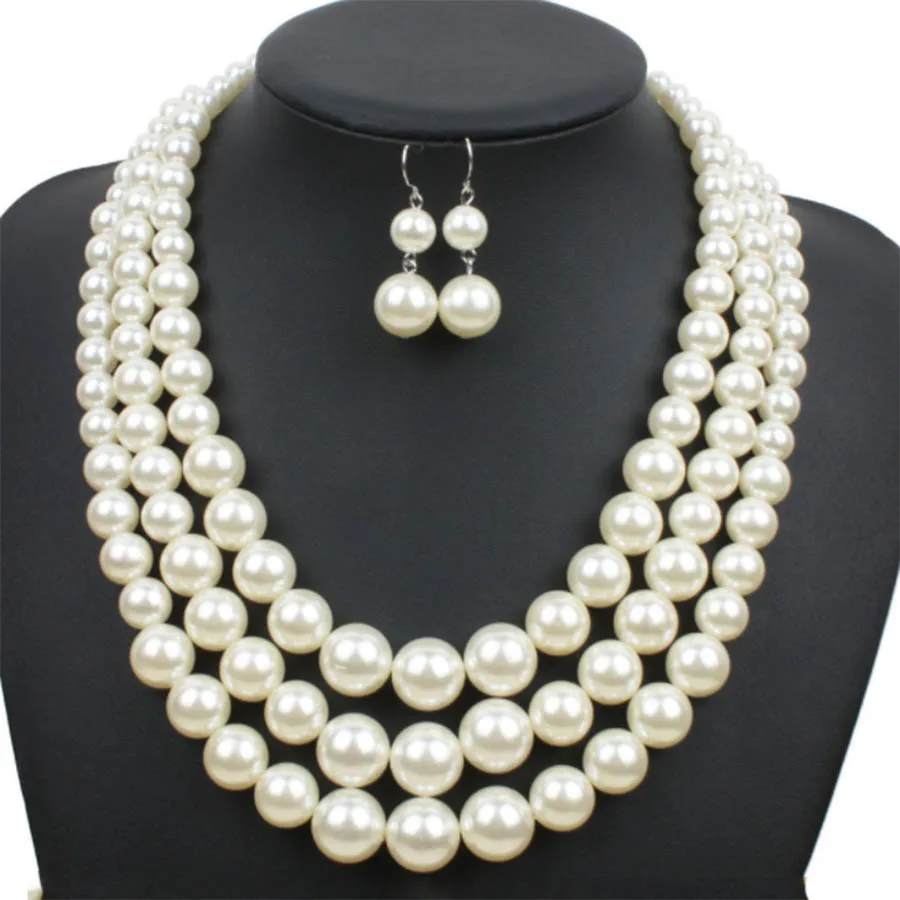 

Big Size white/red/brown Simulated-pearl African Jewelry Sets 3 Layer Pearl Necklace Earrings Set Long Necklace Indian Jewelry