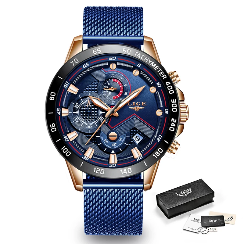 LIGE Top Brand Men's Fashion Watches Men Sport Waterproof Stainless Steel Mesh Belt Quartz Clock WristWatches Relogio Masculino
