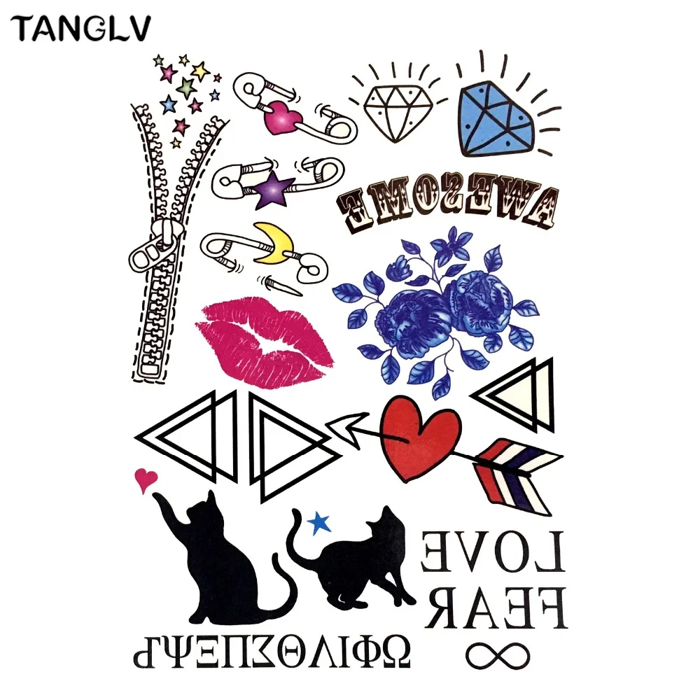 Fake Coloriz Cat Love Fear Blue Flowers temporary tattoos stickers Hand
