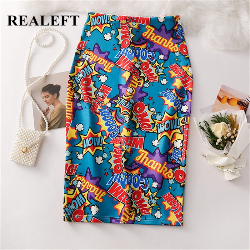 

REALEFT Elegant Women Cartoon Letter Printed Pencil Wrap Skirts New Arrival High Street High Waist Knee-Length Sexy Midi Skirt
