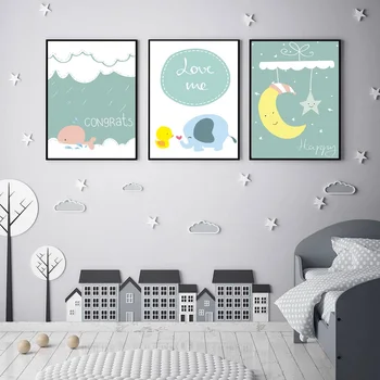 

Lovely Cartoon Animals Elephant Canvas Paintings Nursery Moon Stars Giraffe Poster Print Wall Art Pictures Kids Room Home Decor