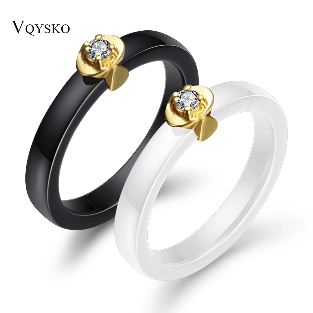 

New 3mm Simple Cubic Zirconia Stone Weeding Women Ring Black/White Ceramic Fashion Ring Engagement Brand Jewelry