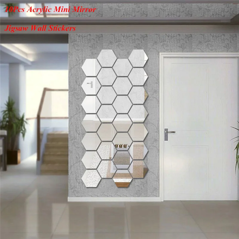 

10Pcs Creative Hexagonal Acrylic Mirrored Decorative Sticker Room Decoration DIY Wall Art Home Decor Drop Shipping