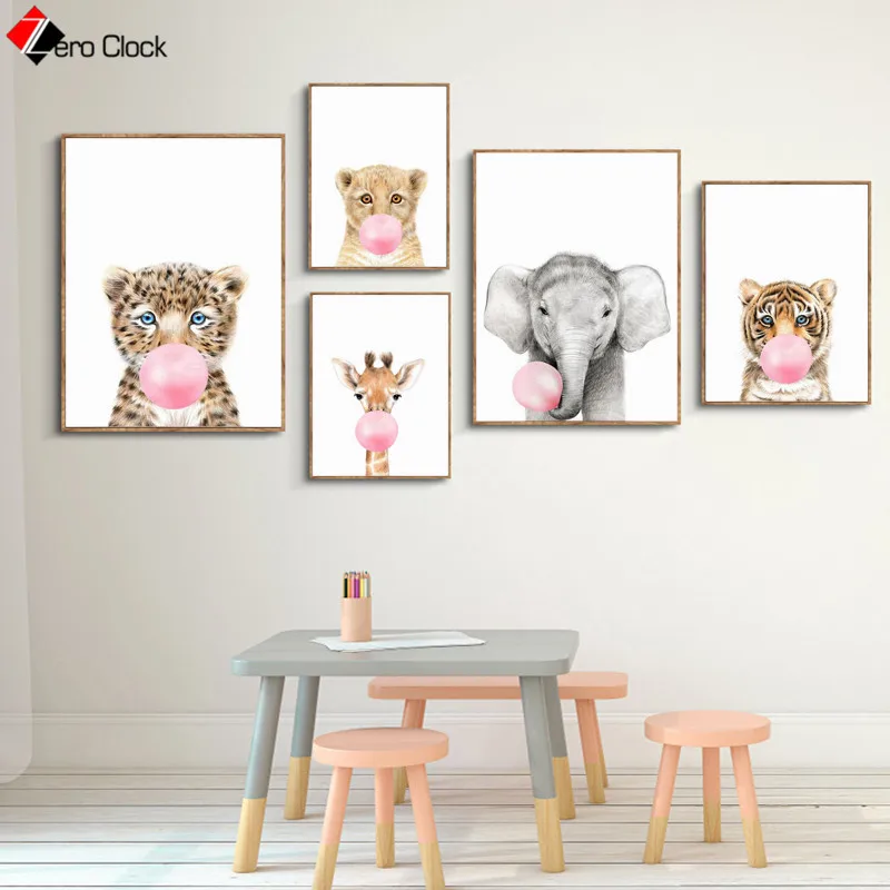 

Baby Animals Prints Pink Bubble Gum Poster Cute Canvas Painting Safari Nursery Wall Art Kids Room Nordic Decoration Pictures
