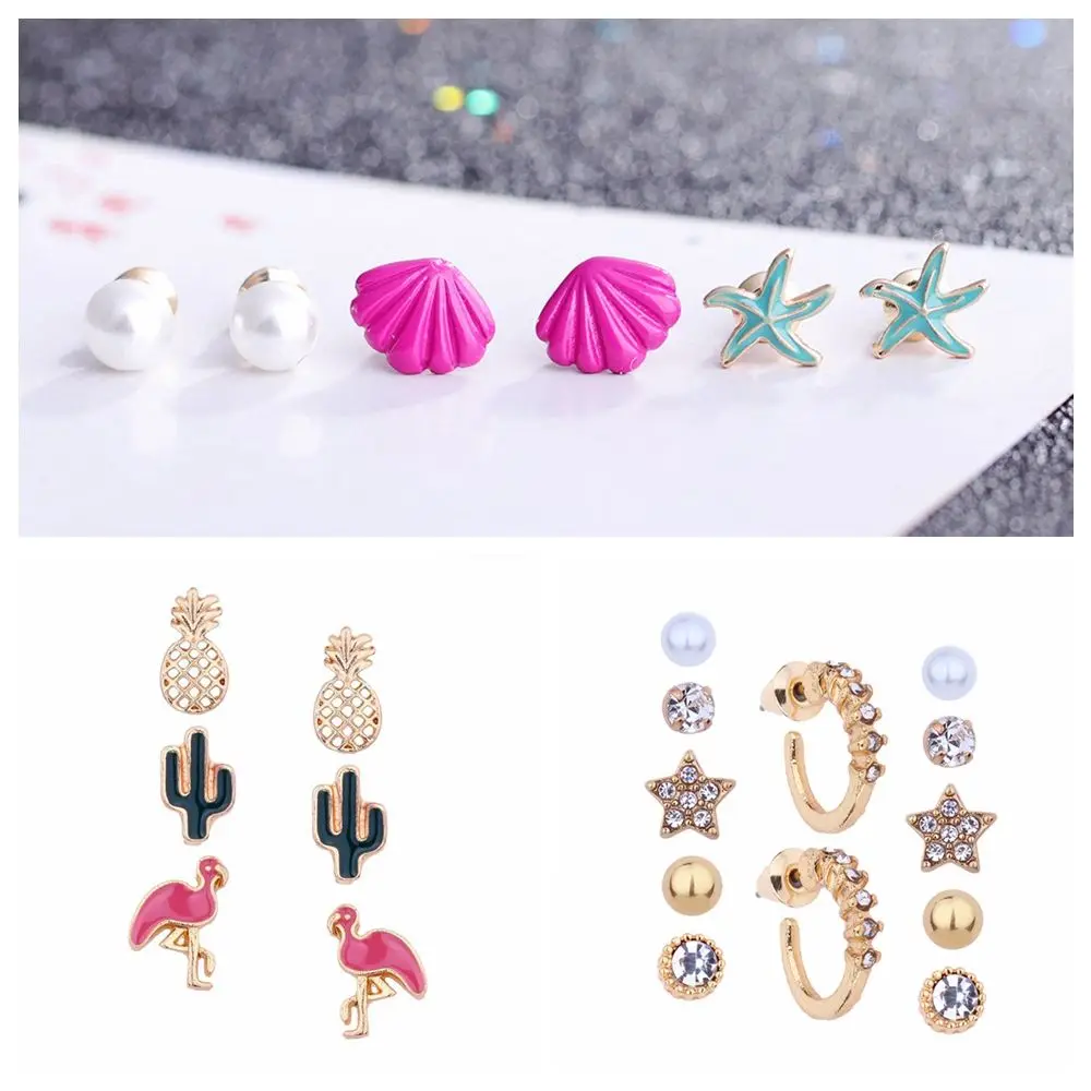 

1Set Fashion Sea Shell Earrings Pearl Conch Starfish Stud Earrings Beach Conch Earrings Rhinestones Jewelry