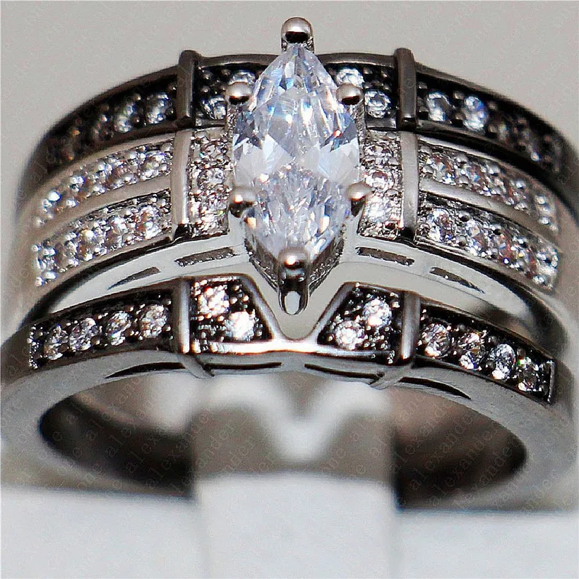 925 Silver Black gold Gemstone Rings Finger Lady Marquise Cut white Diamond cz Cocktail Rings Wedding Bride jewelry for Women