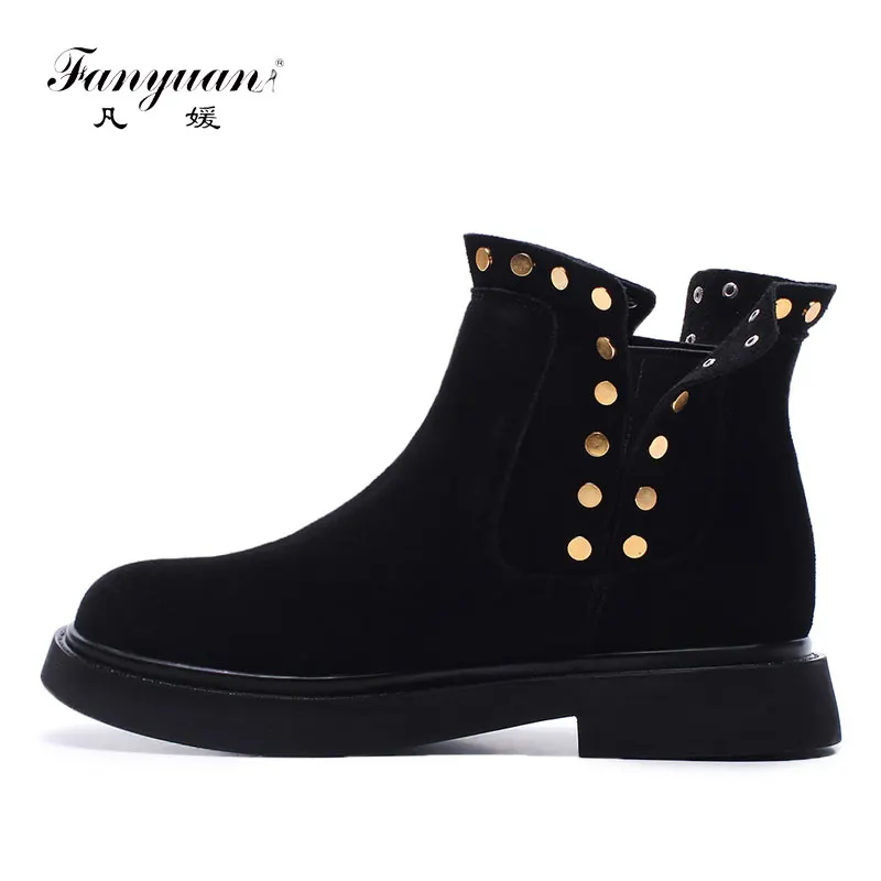 

Fanyuan Women Ankle Boots Genuine Cow Genuine leather Autumn Cow Suede Square Heel 3.5 cm High Heels Blue Platform Shoes