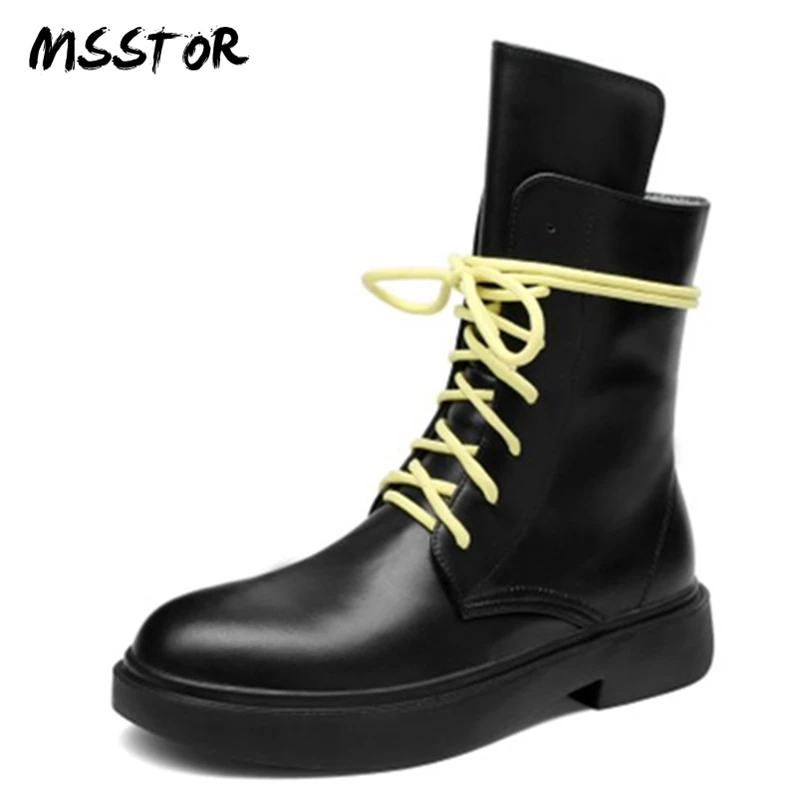 

MSSTOR Casual Colors Lace Up Boots Fashion Genuine Leather Rubber Concise Spring Autumn Boots Women Round Toe Ladies Ankle Boots