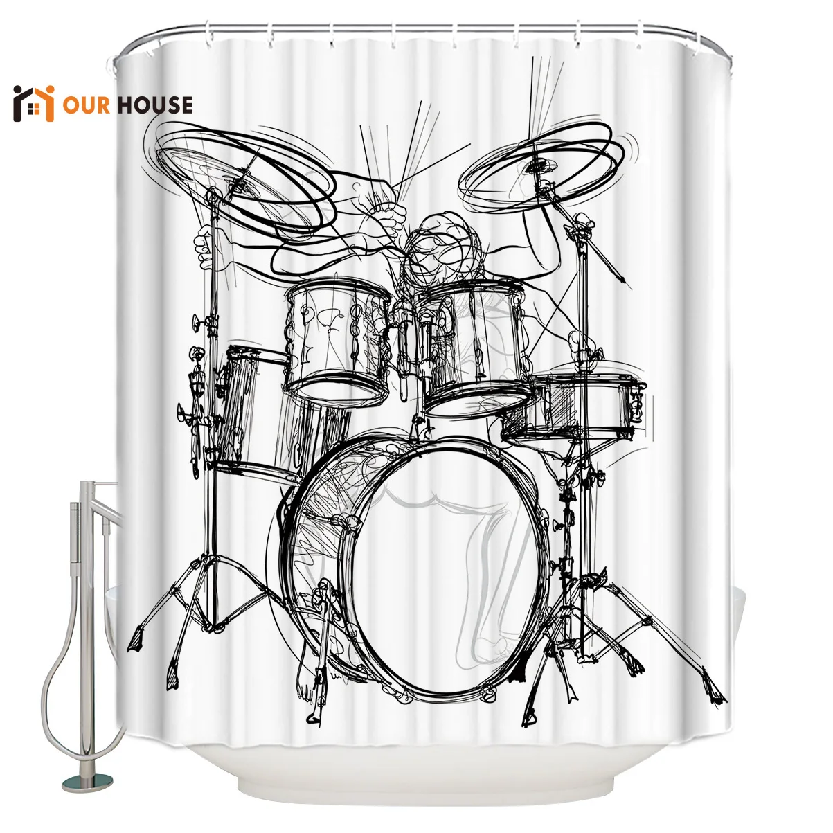 

OURHouse Shelf Drum Rock Music Shower Curtain Bathroom Bed Bath Bathroom Liner Childrens Unique Hooks Girls Rings Cloth Funny