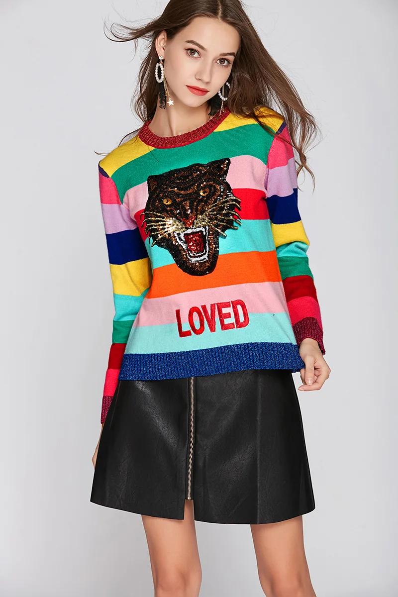 Winter Sequins Tiger Sweaters Women Rainbow Color Striped Pullovers Slim Fit Fashion Streetwear Pull Jumper Femme Clothing