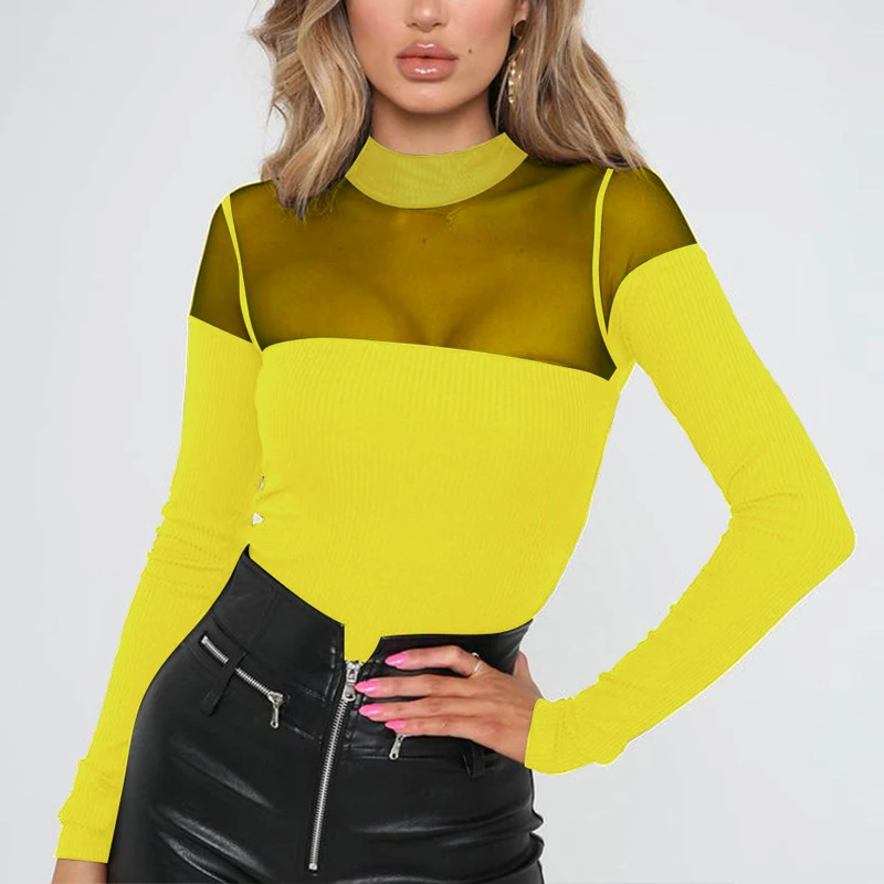 Sexy Mesh Patchwork Bodysuits Fashion Autumn Long sleeve Clubwear