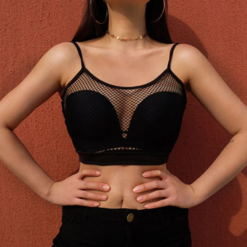 

Women's Sexy Crop Top Sleeveless Ladies Fishnet Mesh Sheer See Through Club Wear Beach Tank Top
