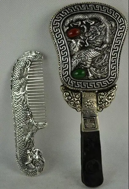 

Old Handwork Miao Silver hand-Carved Dragon Phoenix Belle Use Comb Hand Mirror