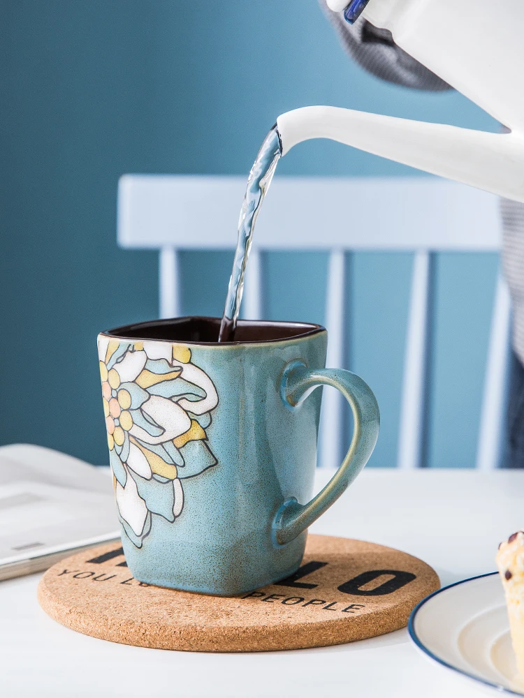 

Personality Water Cup Office Home Hand-painted Breakfast Coffee Creative Square Mug Ceramic Cup with Spoon
