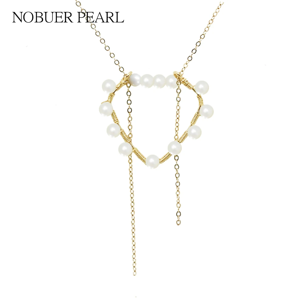 

Nobuer Real Pearl Pendants Necklace 14K Gold With 3-3.5mm Small Pearls Solitaire 45cm Long Trendy Pendants