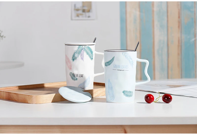 Креативная цветная термостойкая кружка с листьями, мультяшная кружка с крышкой 400 мл, чашка с геометрическим рисунком, кофейные керамические кружки, чашка для офиса, посуда для напитков