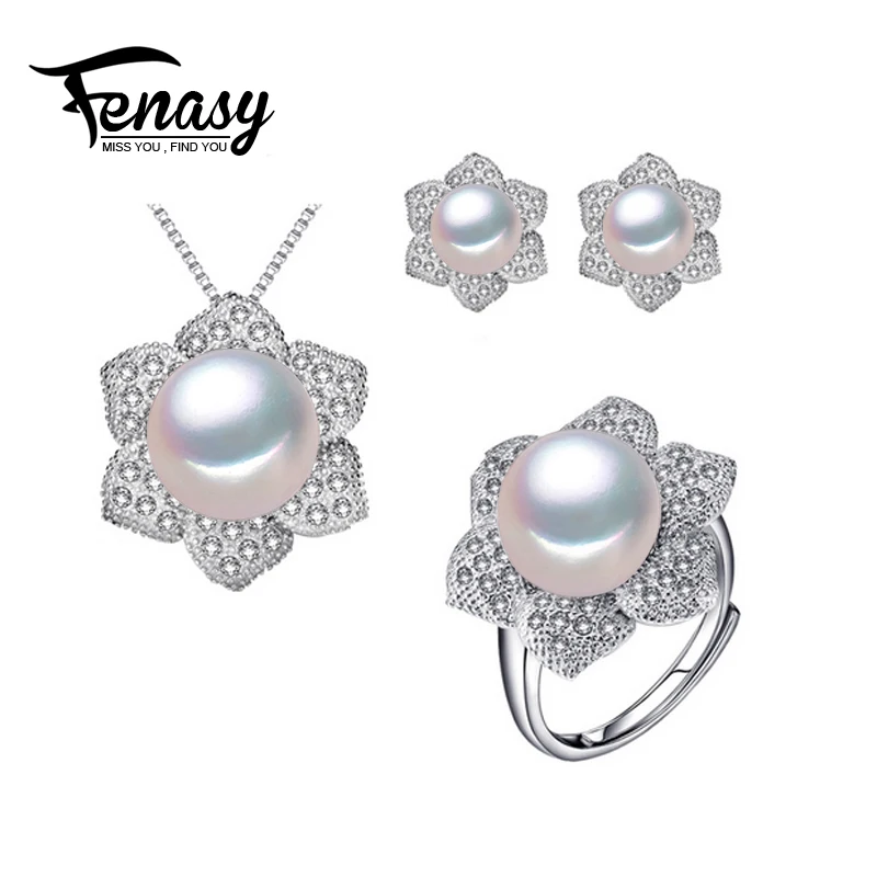 

FENASY Pearl Jewelry wedding engagement jewelry sets,Natural Pearl pendant Necklace women/big earrings/ring women,party earrings