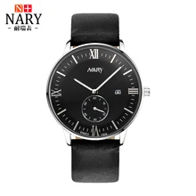 NARY Brand Fashion Men Watch Genuine Leather Strap Luminous hands WristWatch Retro Roman numerals Quartz Watch