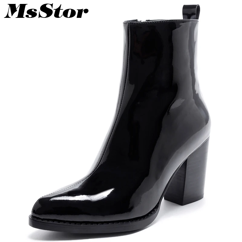 

MsStor Women Genuine Leather High Heel Boots Fashion Metal Zipper Ankle Boots Women Shoes Elegant Black Casual Boots Shoes Woman