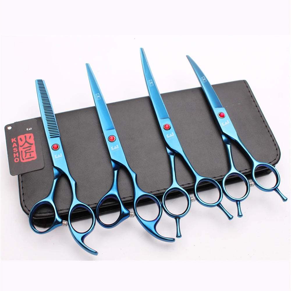 

H3002 4Pcs 7.0" 19.5cm Kasho JP Stainless Suit Cutting+Thinning Scissors+Up&Down Curved Shears Professional Pets Hair Scissors